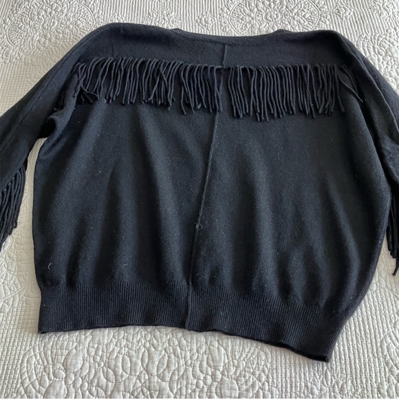 Like New Minnie Rose black cashmere sweater w/fringed arms & back - Picture 2 of 12